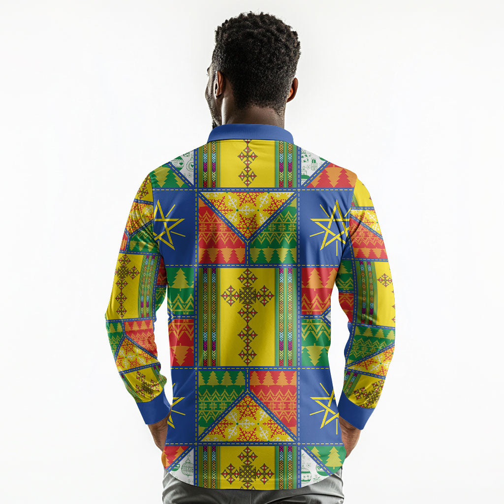 Ethiopia Christmas Long Sleeve Polo Shirt Patchwork Style