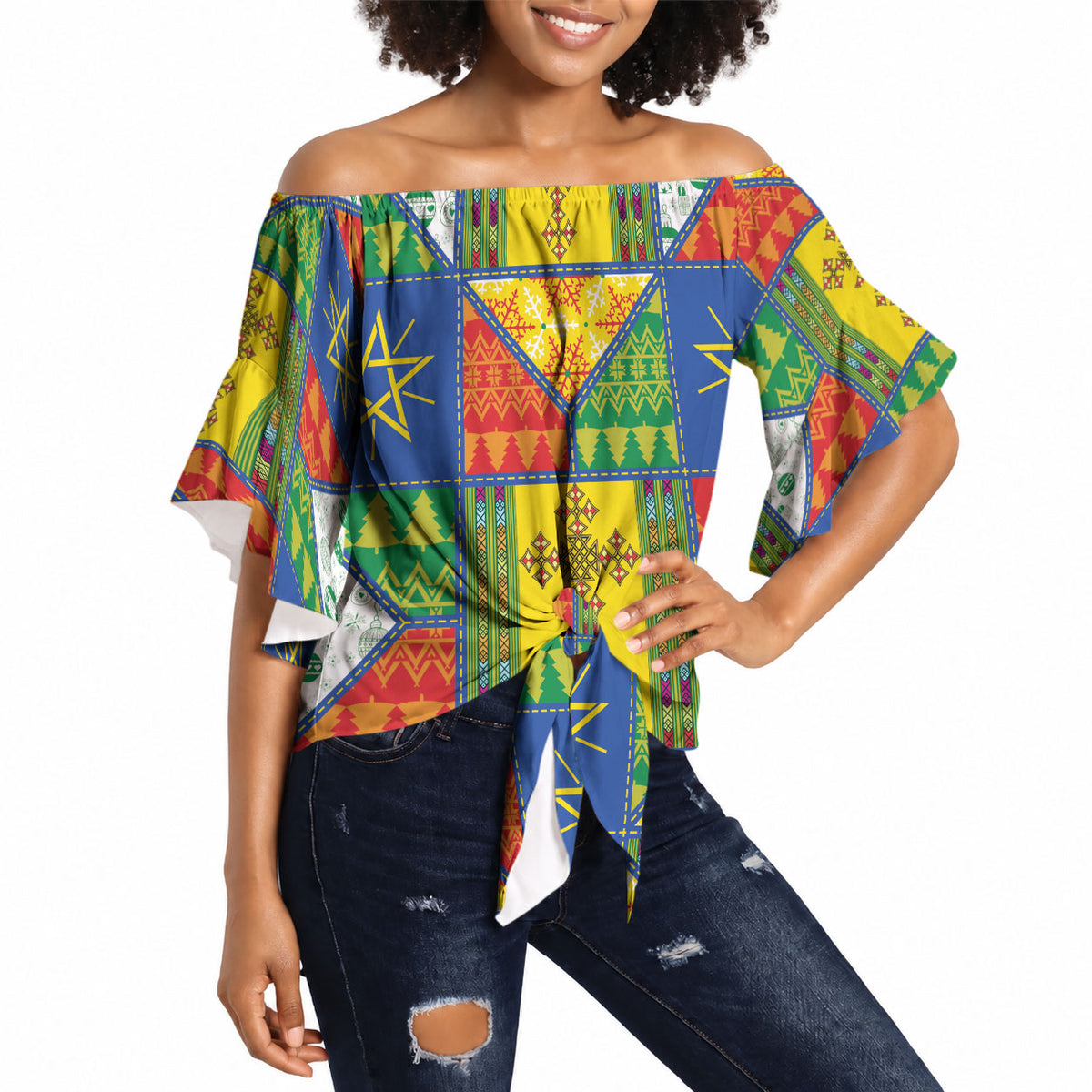 Ethiopia Christmas Off Shoulder Wrap Waist Top Patchwork Style