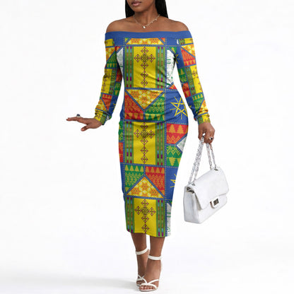 Ethiopia Christmas Off The Shoulder Long Sleeve Dress Patchwork Style