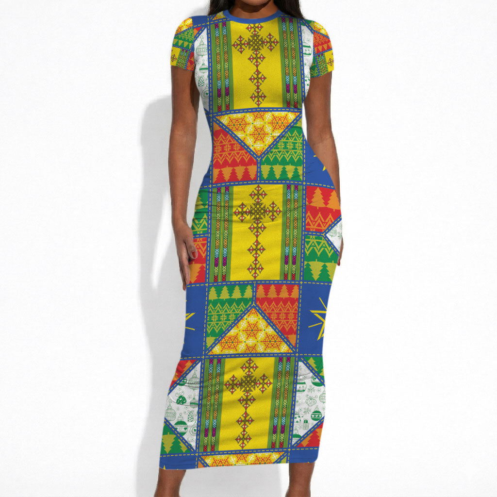 Ethiopia Christmas Short Sleeve Bodycon Dress Patchwork Style