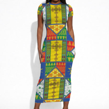 Ethiopia Christmas Short Sleeve Bodycon Dress Patchwork Style