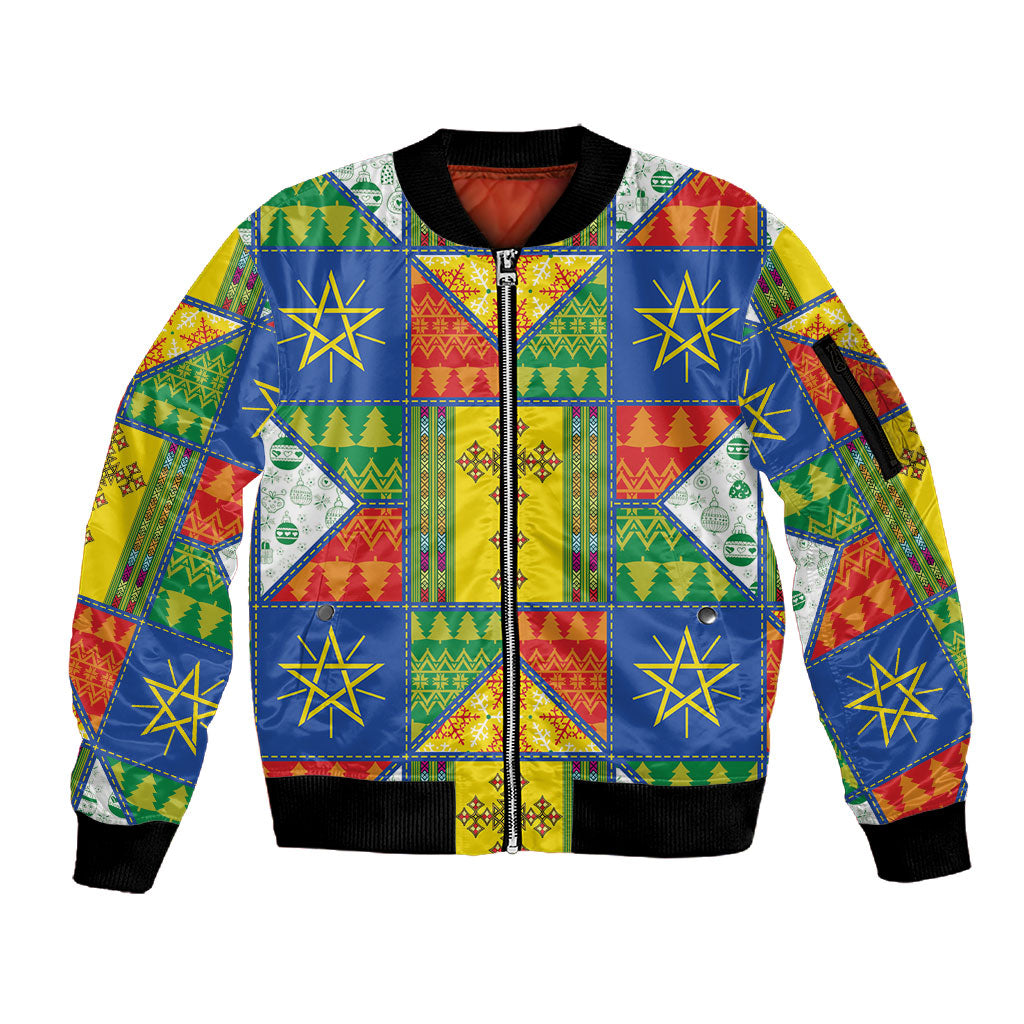 Ethiopia Christmas Sleeve Zip Bomber Jacket Patchwork Style
