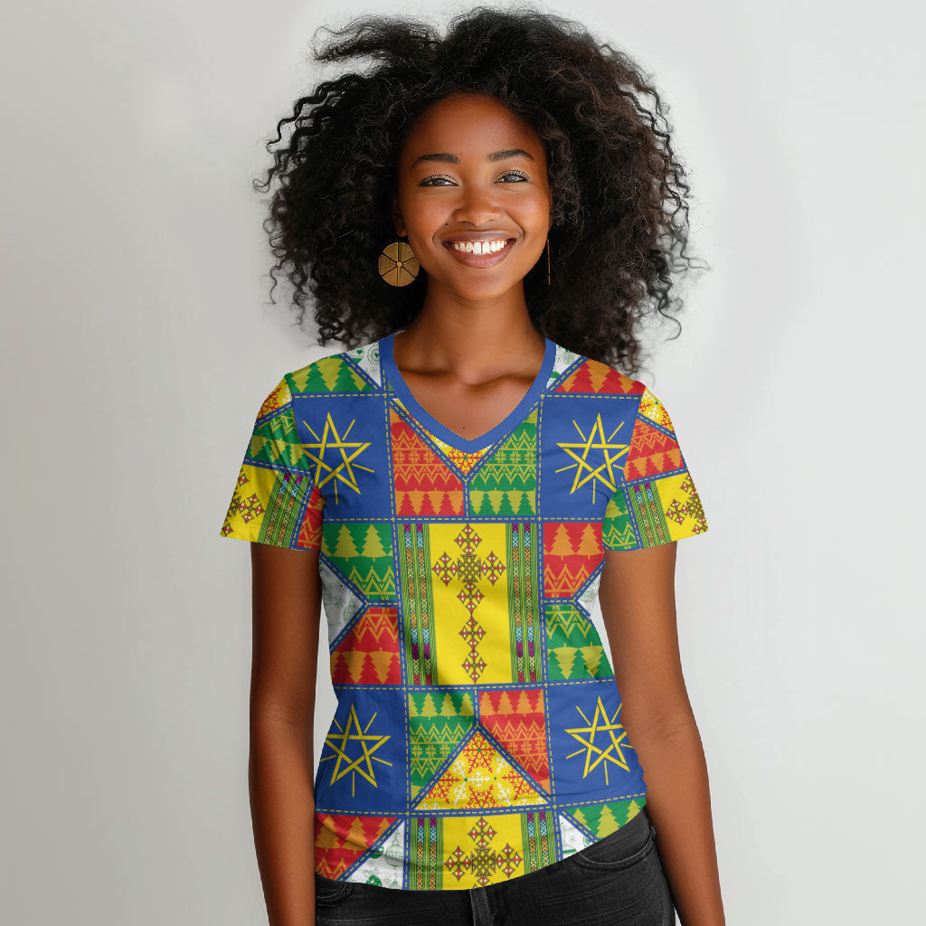 Ethiopia Christmas Women V-Neck T-Shirt Patchwork Style