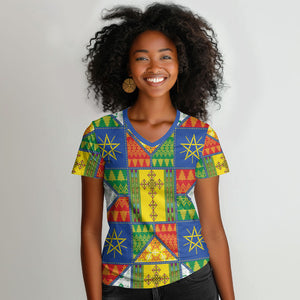 Ethiopia Christmas Women V-Neck T-Shirt Patchwork Style