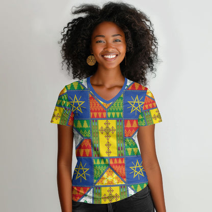 Ethiopia Christmas Women V-Neck T-Shirt Patchwork Style