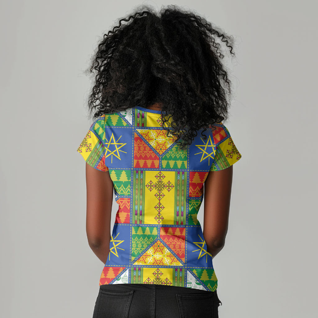 Ethiopia Christmas Women V-Neck T-Shirt Patchwork Style