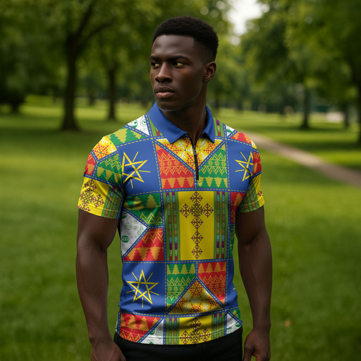 Ethiopia Christmas Zipper Polo Shirt Patchwork Style