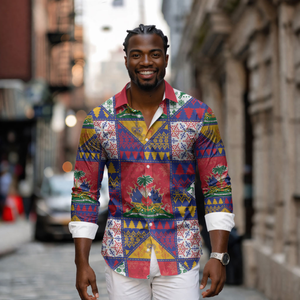 Haiti Christmas Long Sleeve Button Shirt Patchwork Style