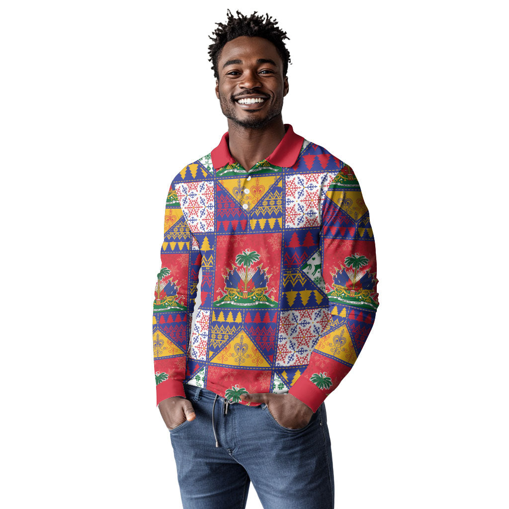 Haiti Christmas Long Sleeve Polo Shirt Patchwork Style