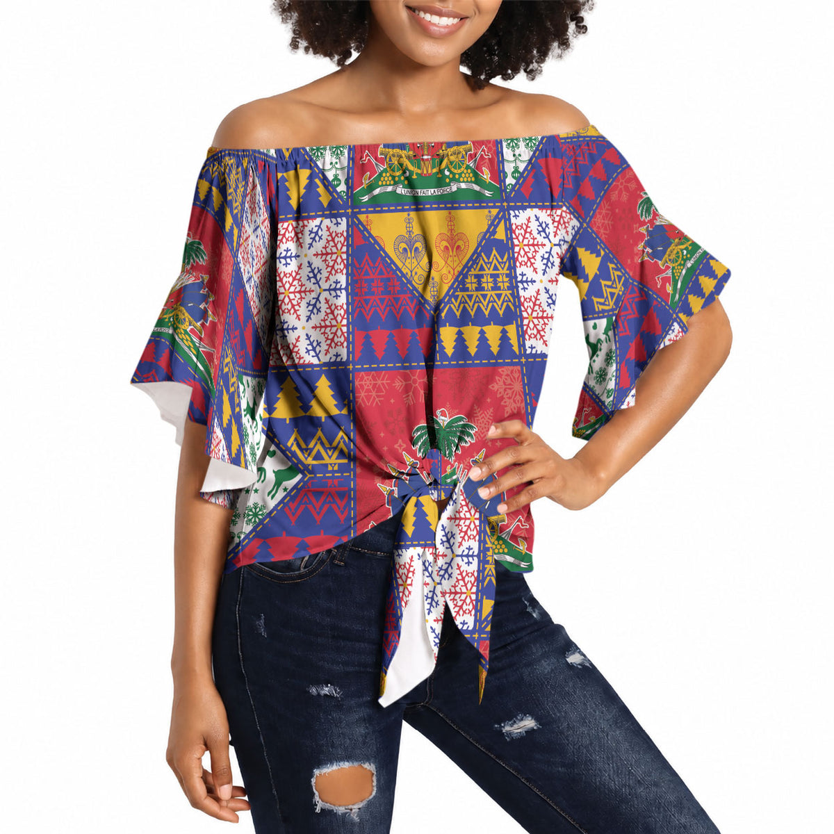 Haiti Christmas Off Shoulder Wrap Waist Top Patchwork Style