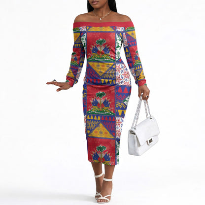 Haiti Christmas Off The Shoulder Long Sleeve Dress Patchwork Style