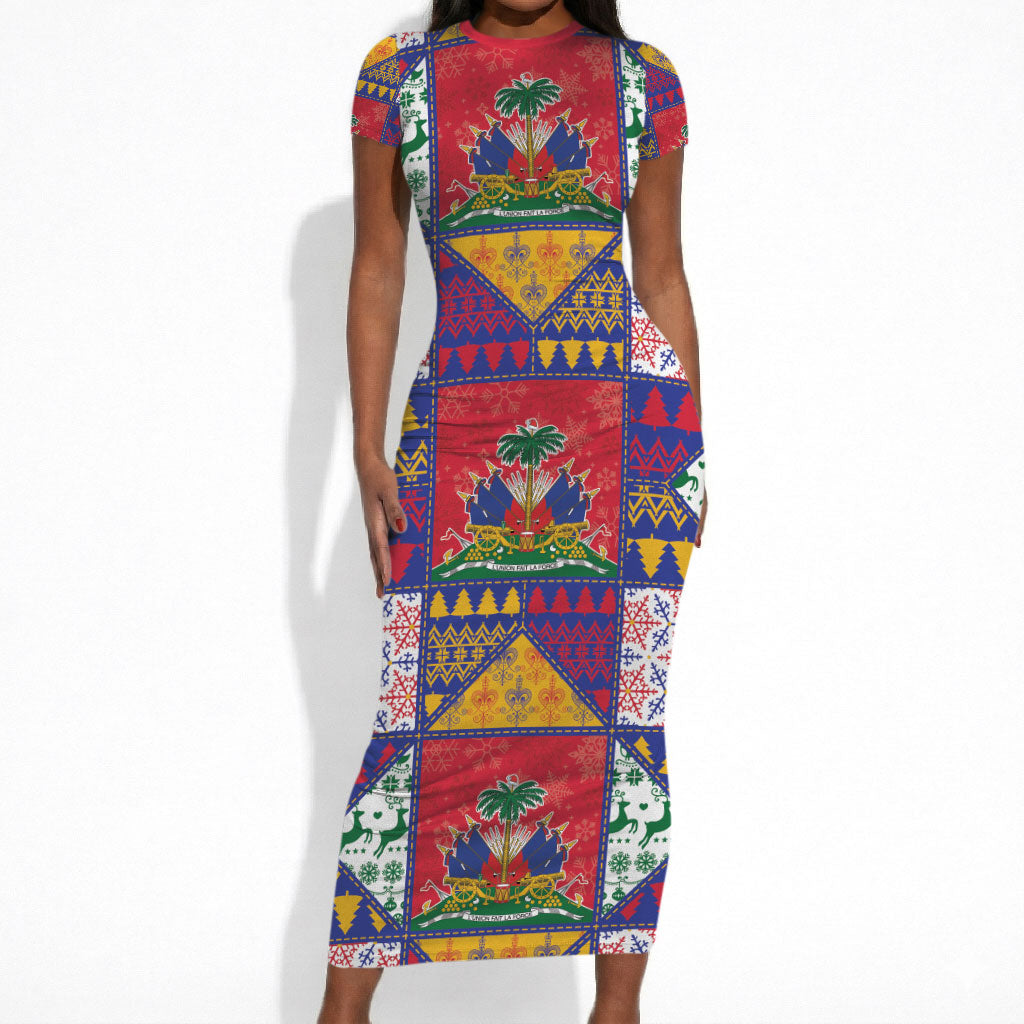 Haiti Christmas Short Sleeve Bodycon Dress Patchwork Style