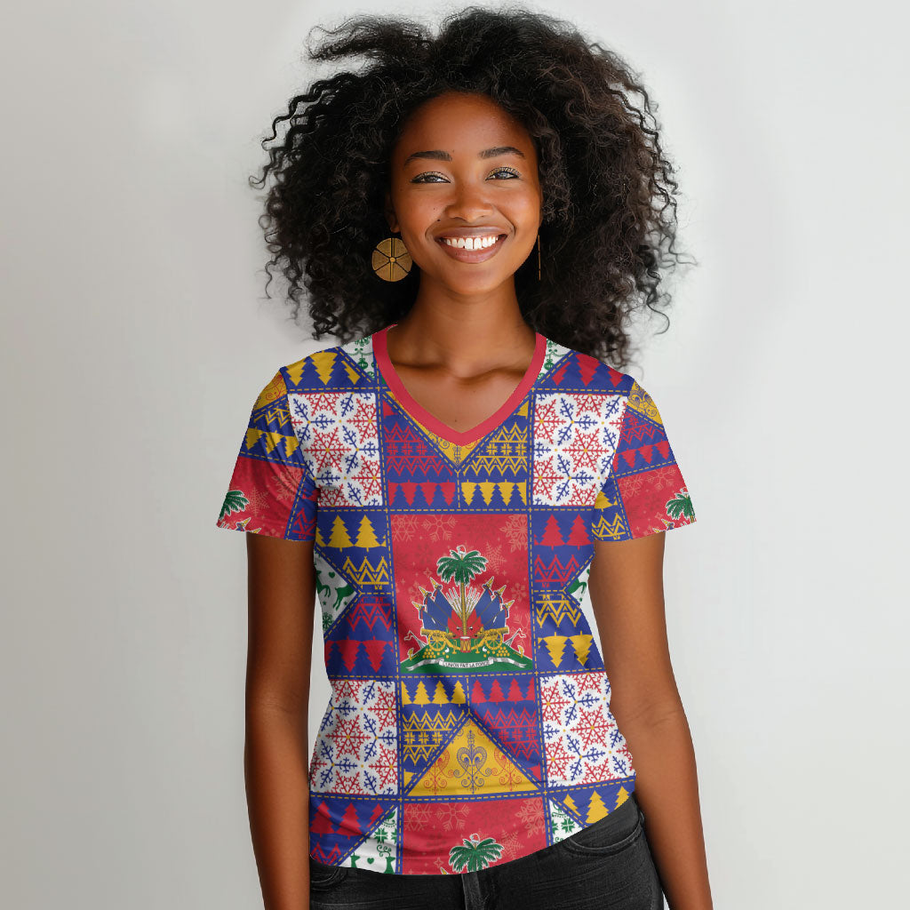 Haiti Christmas Women V-Neck T-Shirt Patchwork Style