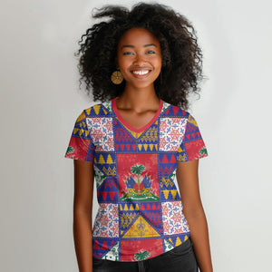 Haiti Christmas Women V-Neck T-Shirt Patchwork Style