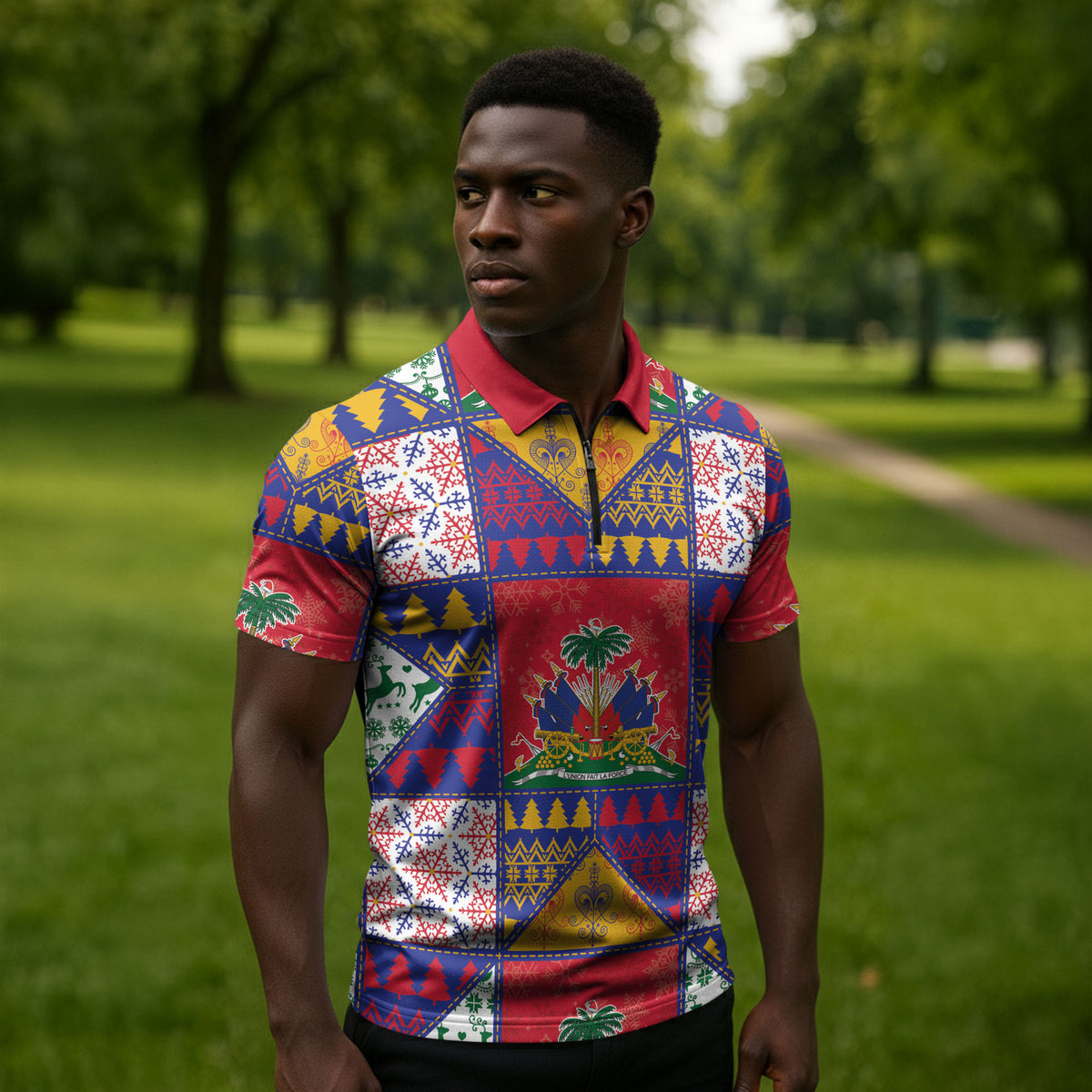 Haiti Christmas Zipper Polo Shirt Patchwork Style