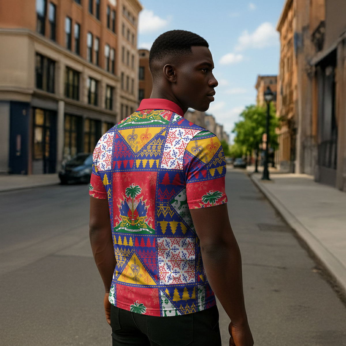 Haiti Christmas Zipper Polo Shirt Patchwork Style