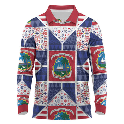 Liberia Christmas Long Sleeve Polo Shirt Patchwork Style