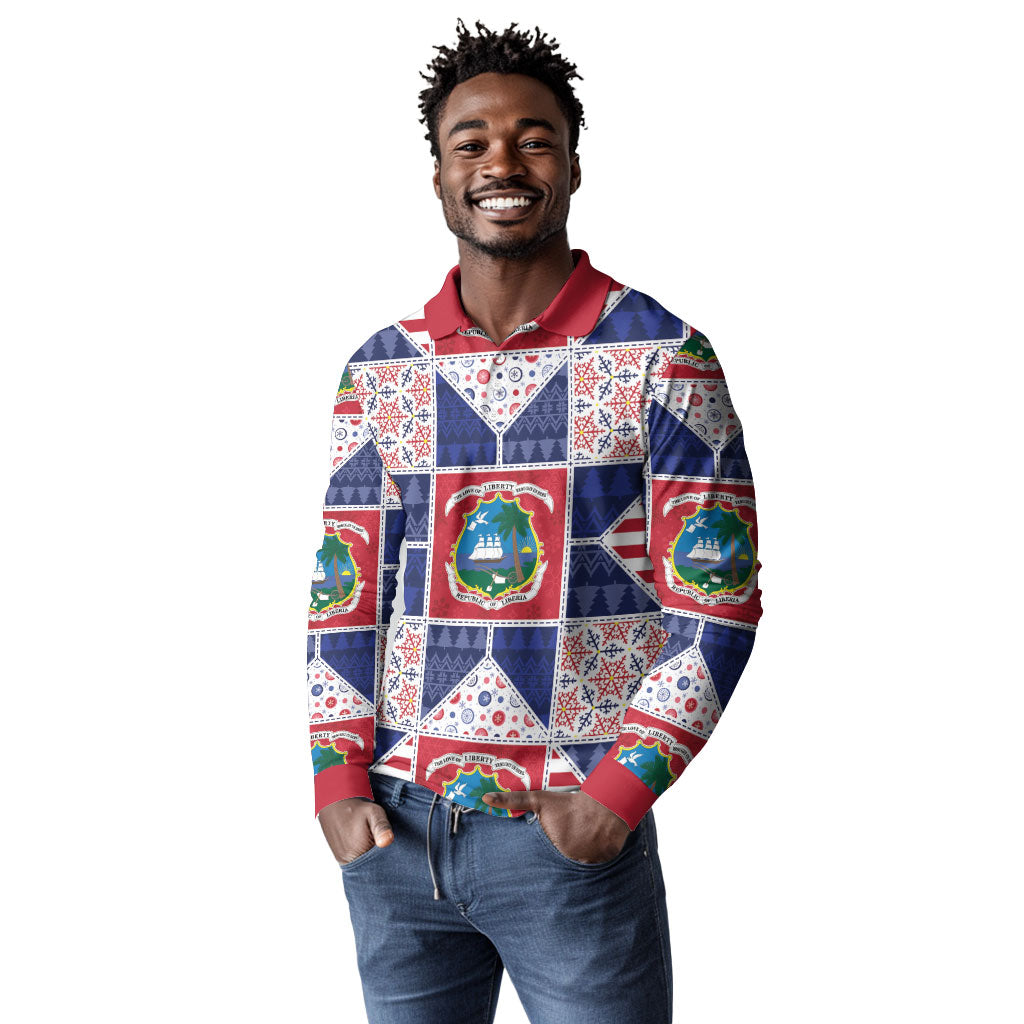 Liberia Christmas Long Sleeve Polo Shirt Patchwork Style