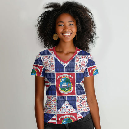 Liberia Christmas Women V-Neck T-Shirt Patchwork Style