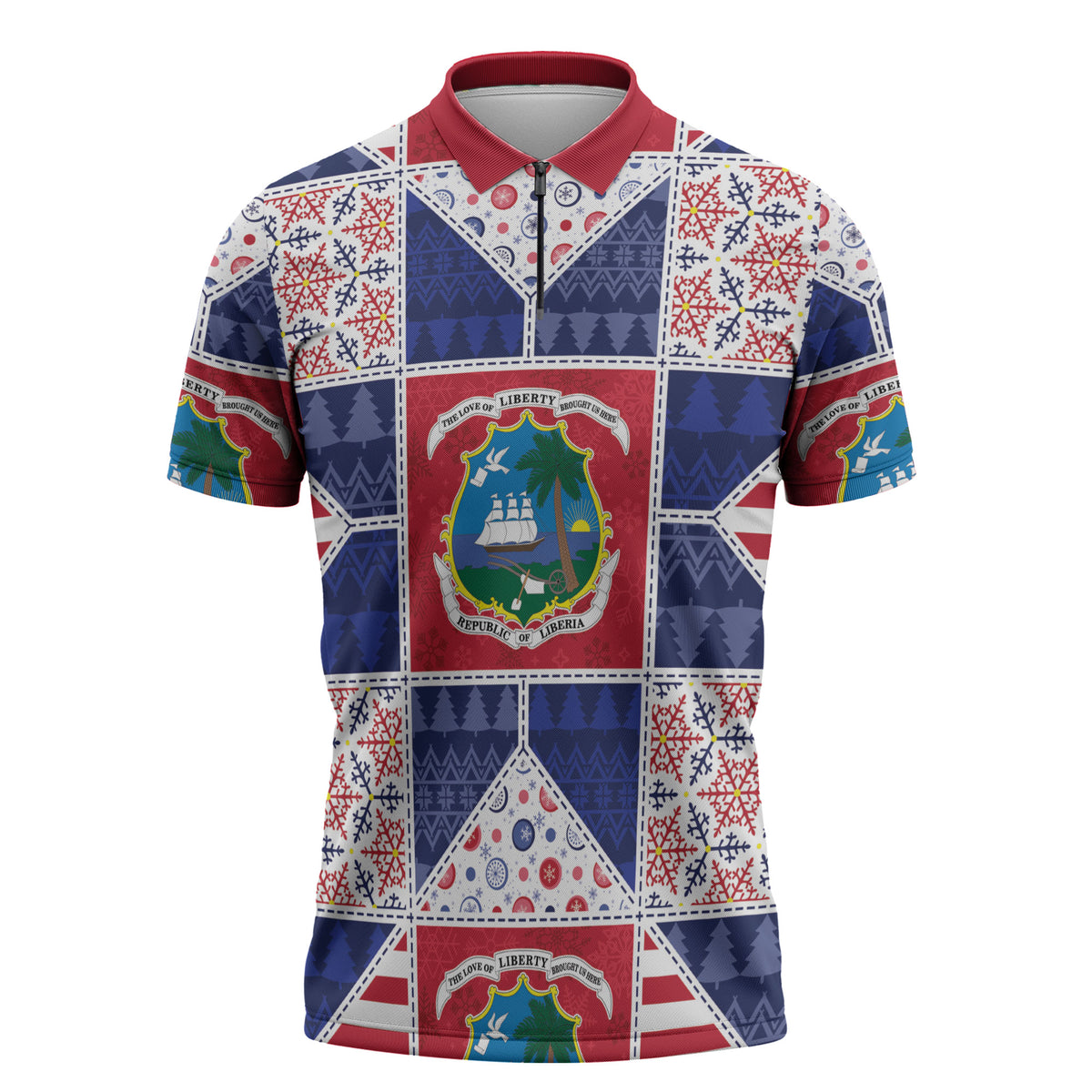 Liberia Christmas Zipper Polo Shirt Patchwork Style