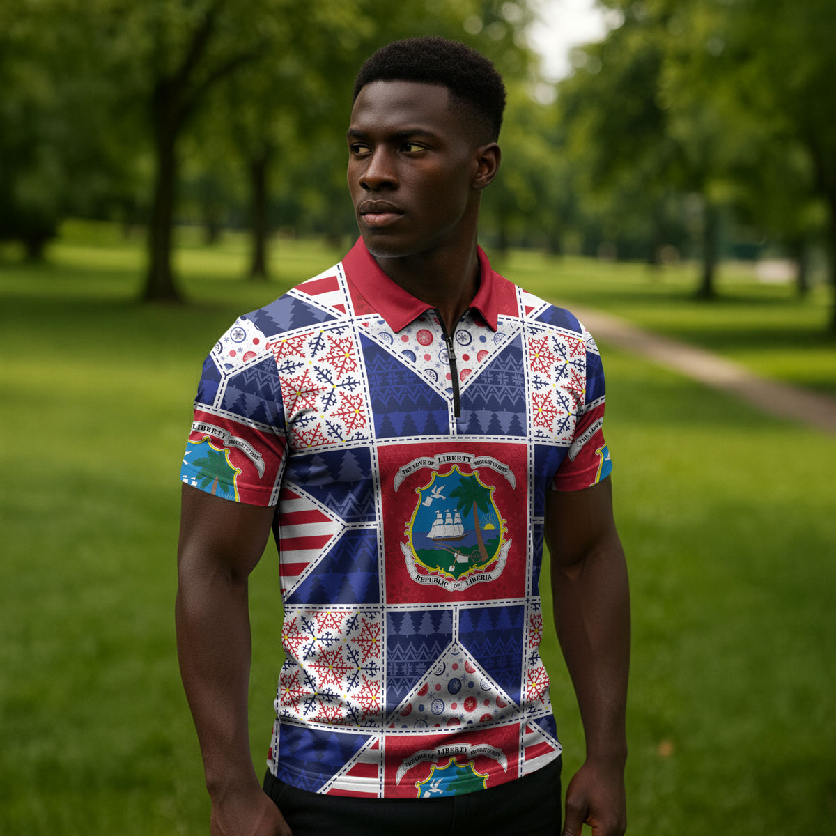 Liberia Christmas Zipper Polo Shirt Patchwork Style