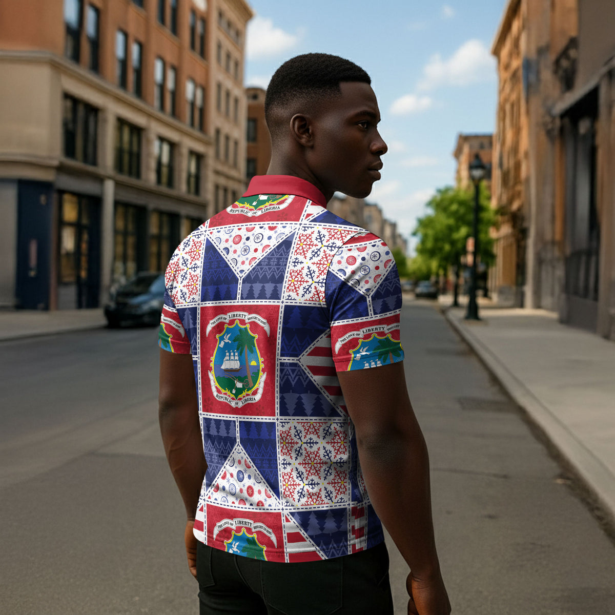 Liberia Christmas Zipper Polo Shirt Patchwork Style