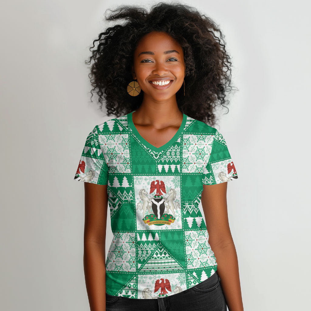 Nigeria Christmas Women V-Neck T-Shirt Patchwork Style