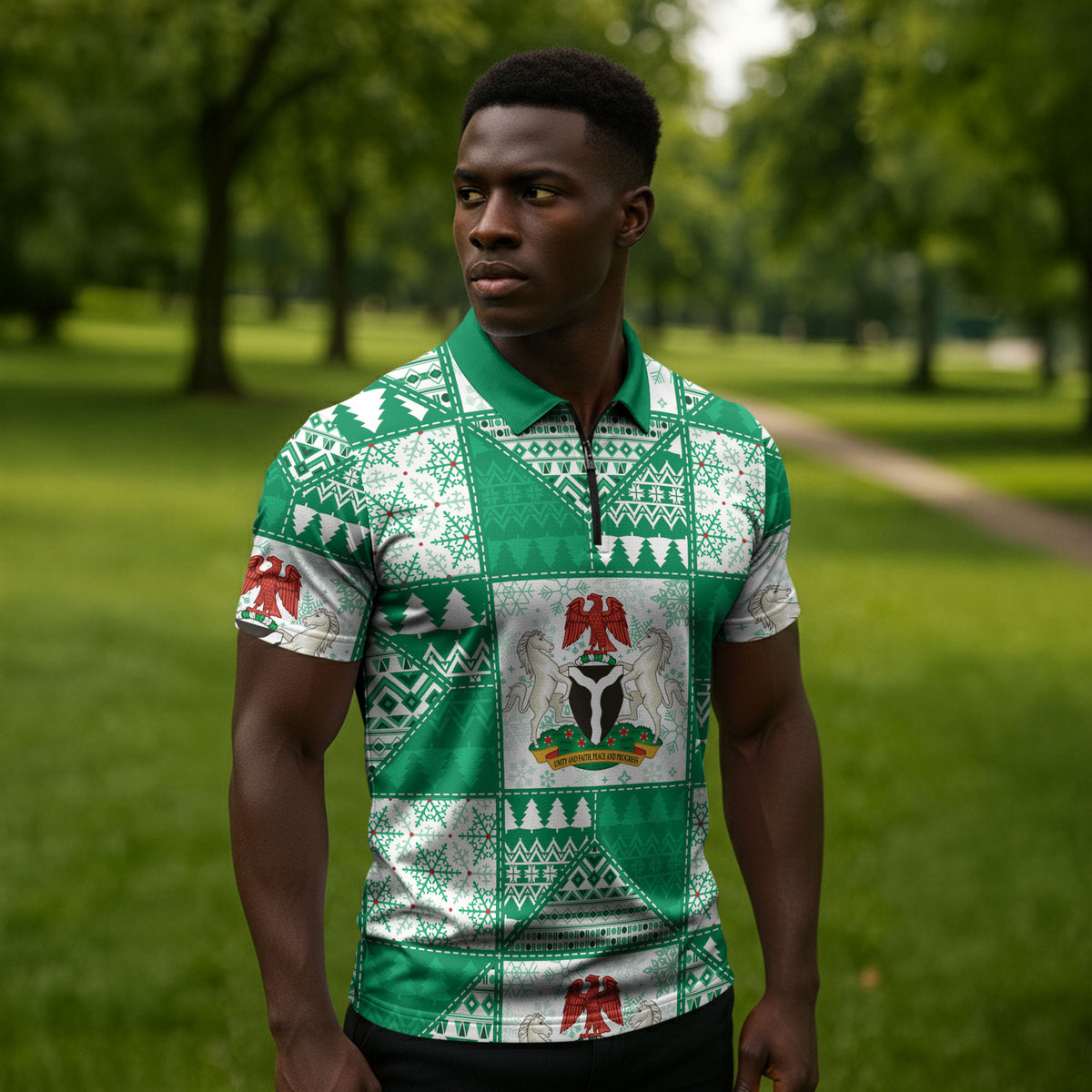 Nigeria Christmas Zipper Polo Shirt Patchwork Style