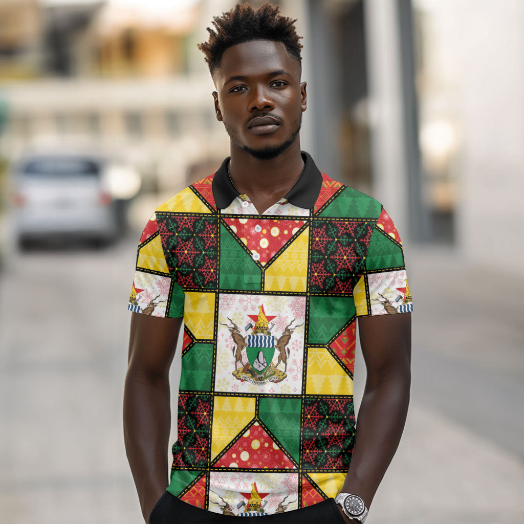Zimbabwe Christmas Polo Shirt Patchwork Style