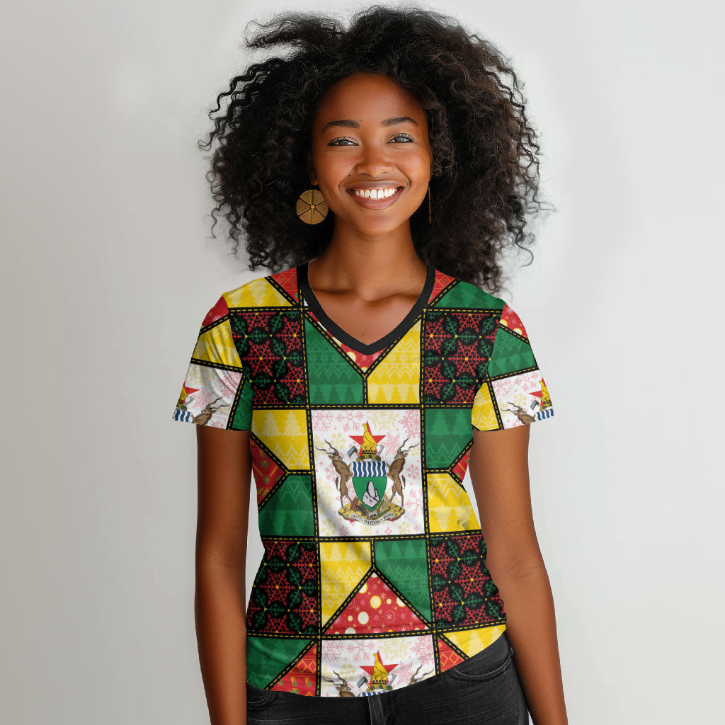 Zimbabwe Christmas Women V-Neck T-Shirt Patchwork Style
