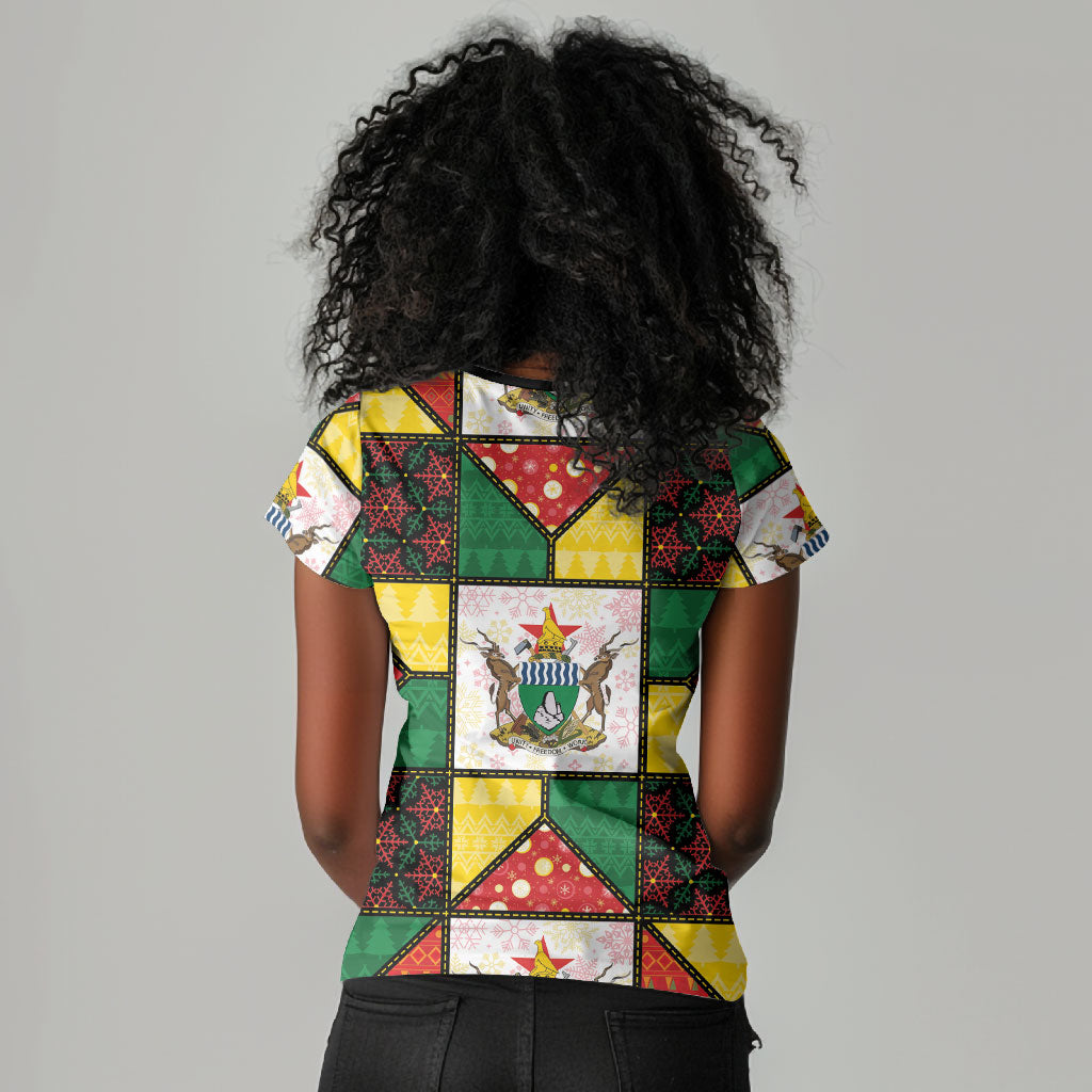 Zimbabwe Christmas Women V-Neck T-Shirt Patchwork Style