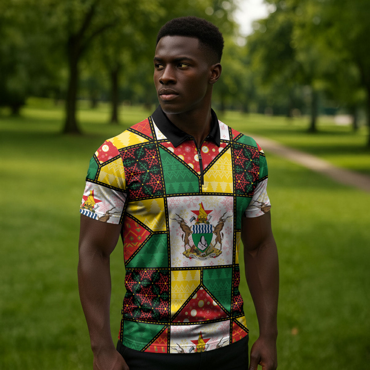 Zimbabwe Christmas Zipper Polo Shirt Patchwork Style