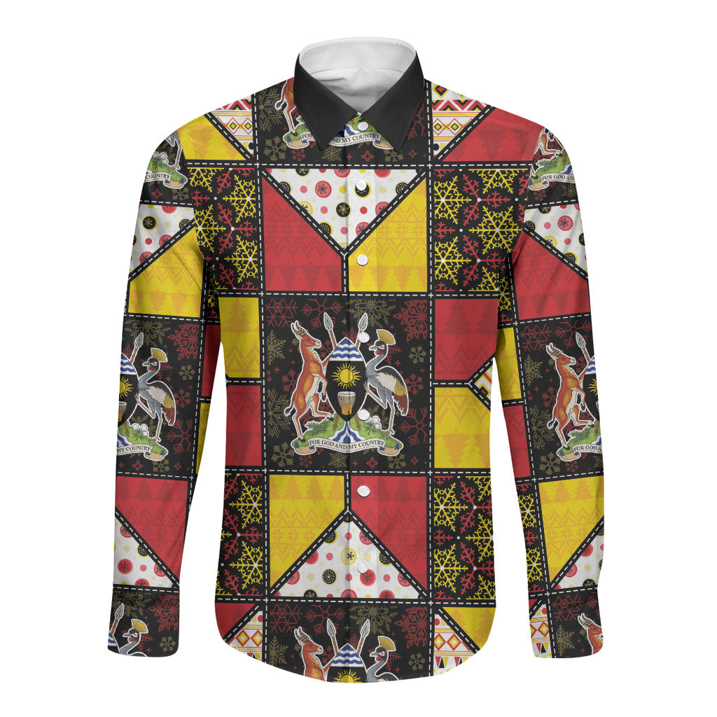 Uganda Christmas Long Sleeve Button Shirt Patchwork Style