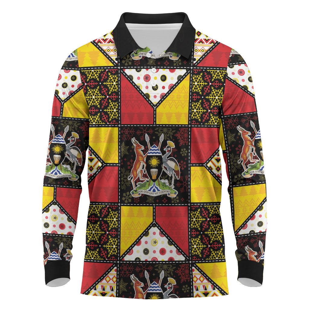 Uganda Christmas Long Sleeve Polo Shirt Patchwork Style