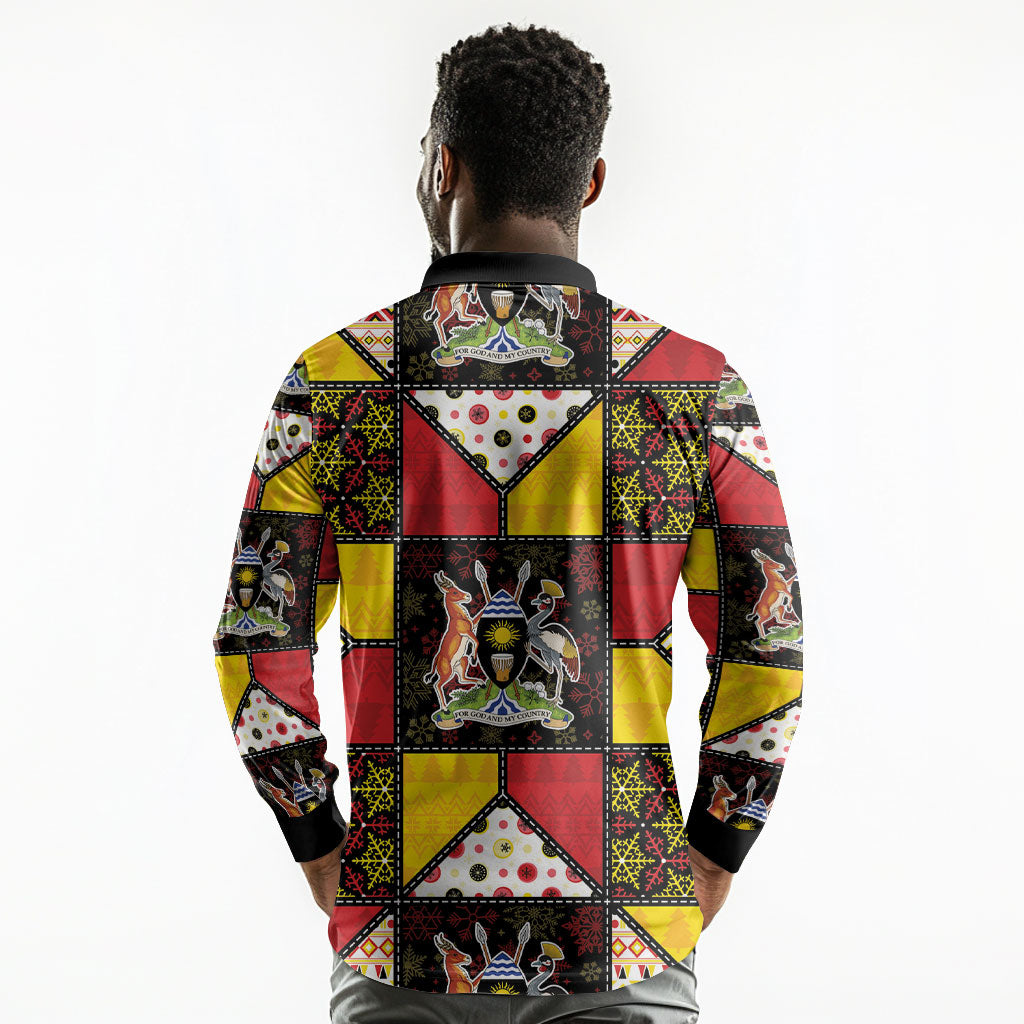 Uganda Christmas Long Sleeve Polo Shirt Patchwork Style
