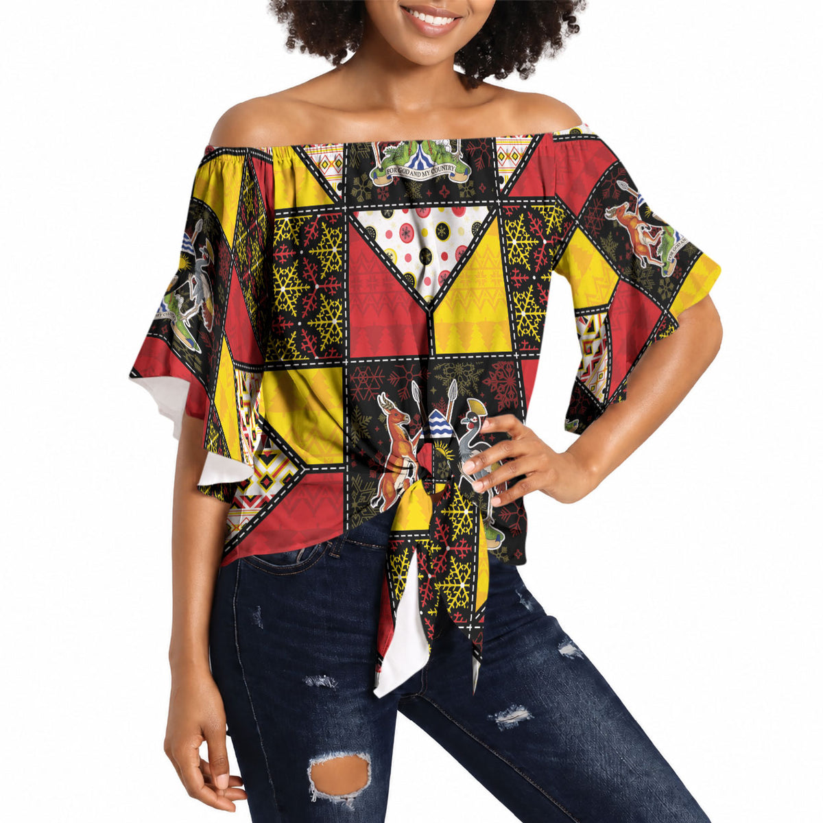 Uganda Christmas Off Shoulder Wrap Waist Top Patchwork Style