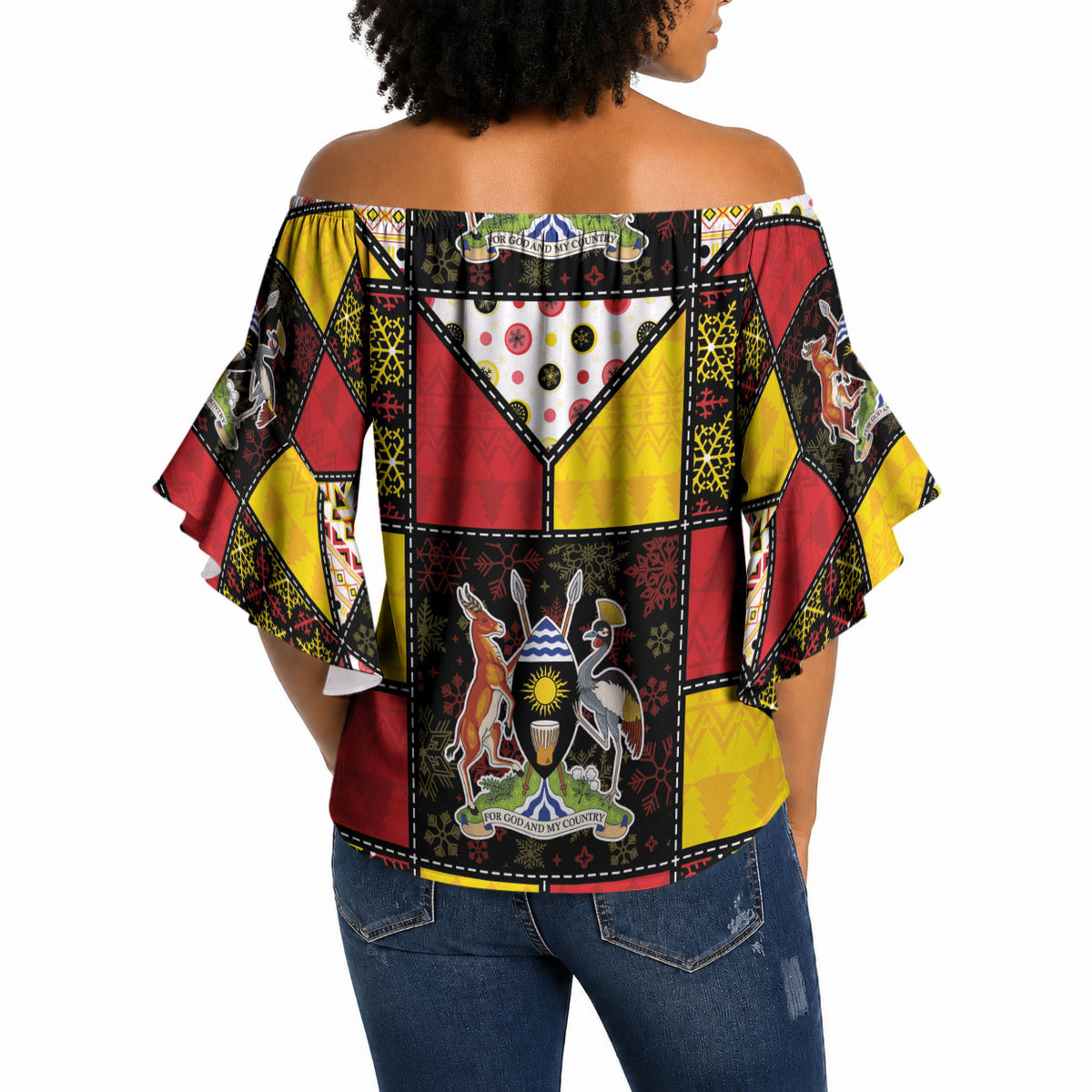 Uganda Christmas Off Shoulder Wrap Waist Top Patchwork Style