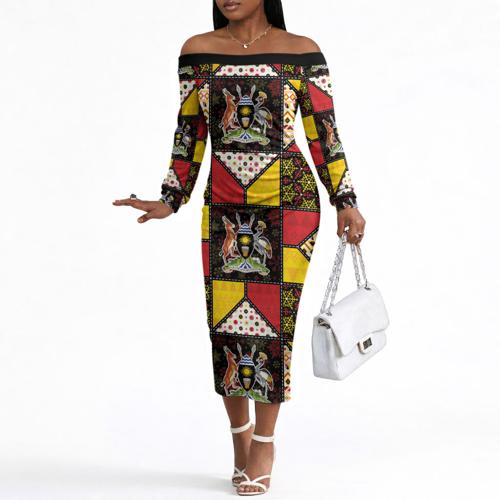 Uganda Christmas Off The Shoulder Long Sleeve Dress Patchwork Style