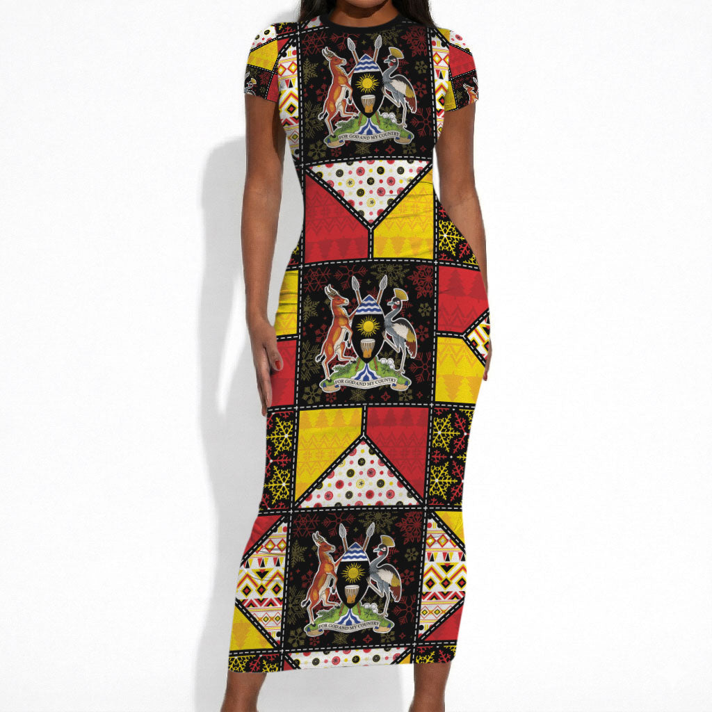Uganda Christmas Short Sleeve Bodycon Dress Patchwork Style