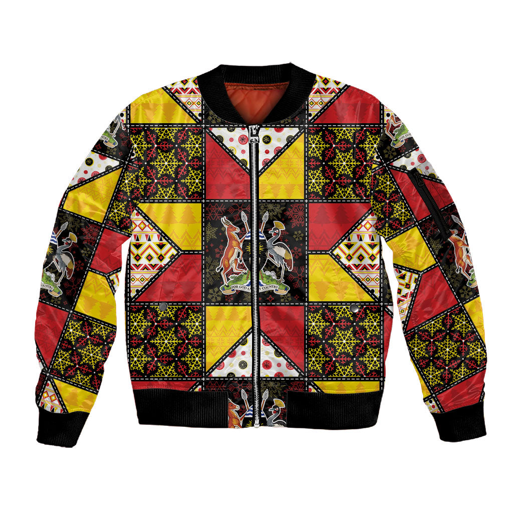 Uganda Christmas Sleeve Zip Bomber Jacket Patchwork Style