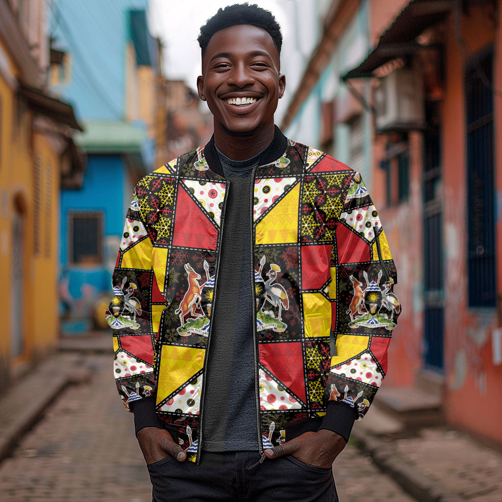 Uganda Christmas Sleeve Zip Bomber Jacket Patchwork Style