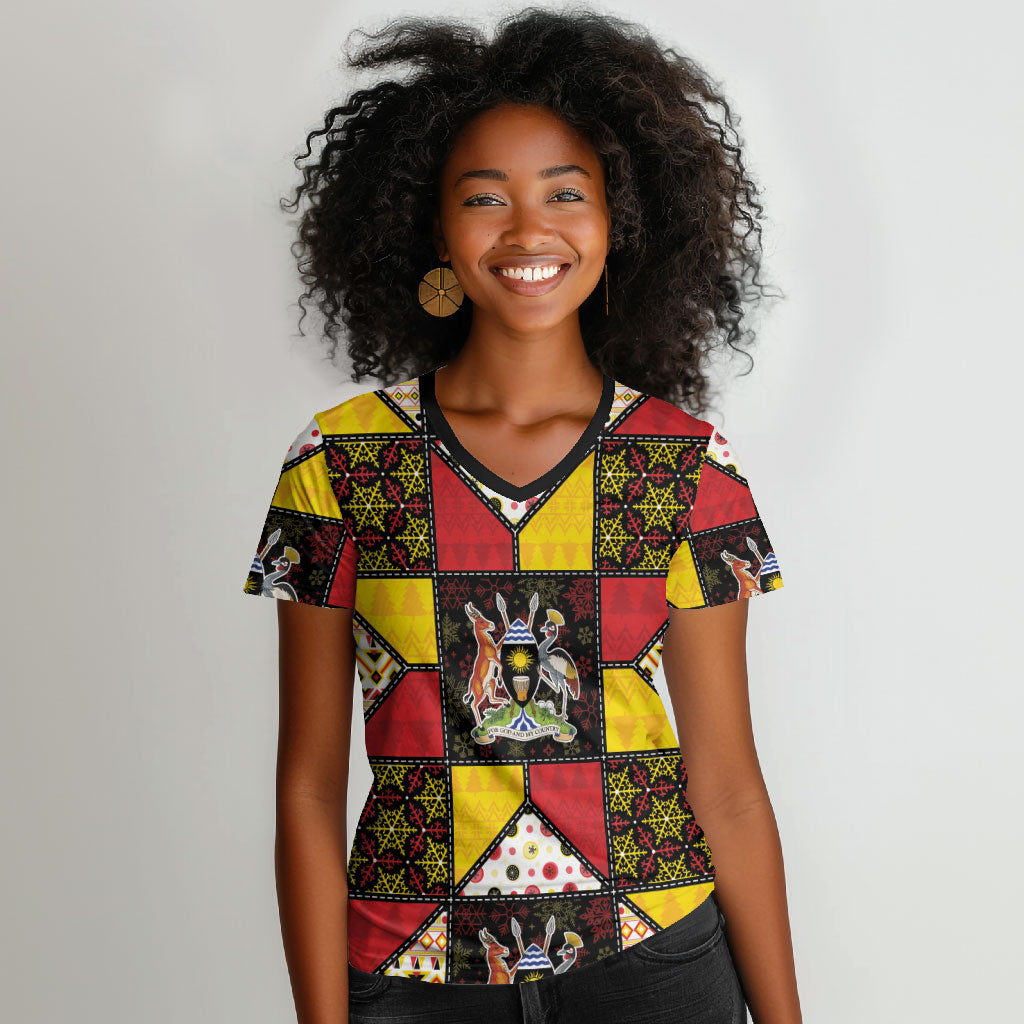 Uganda Christmas Women V-Neck T-Shirt Patchwork Style