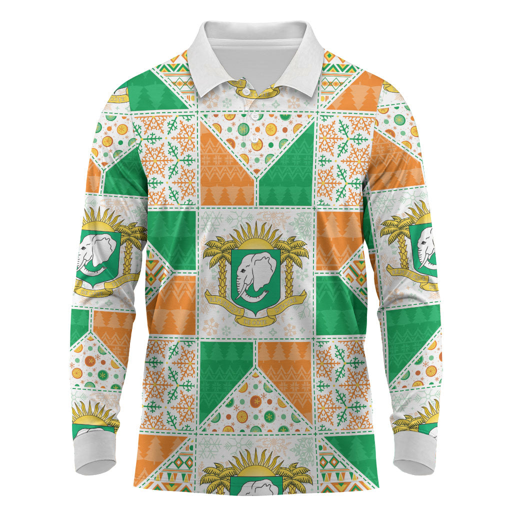 Ivory Coast Christmas Long Sleeve Polo Shirt Patchwork Style