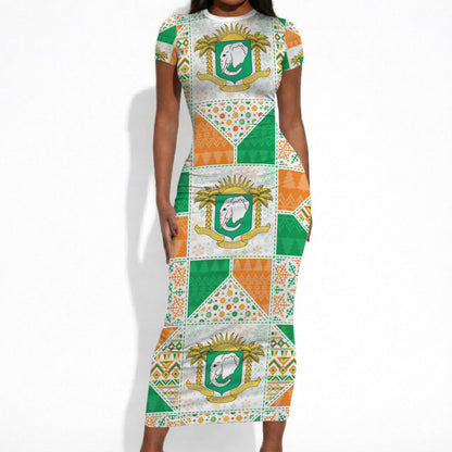 Ivory Coast Christmas Short Sleeve Bodycon Dress Patchwork Style