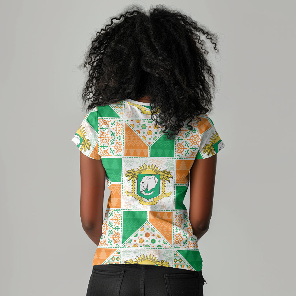 Ivory Coast Christmas Women V-Neck T-Shirt Patchwork Style