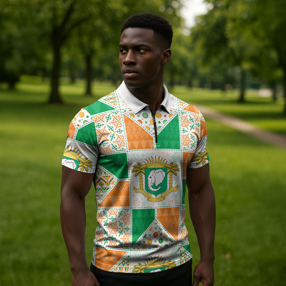 Ivory Coast Christmas Zipper Polo Shirt Patchwork Style