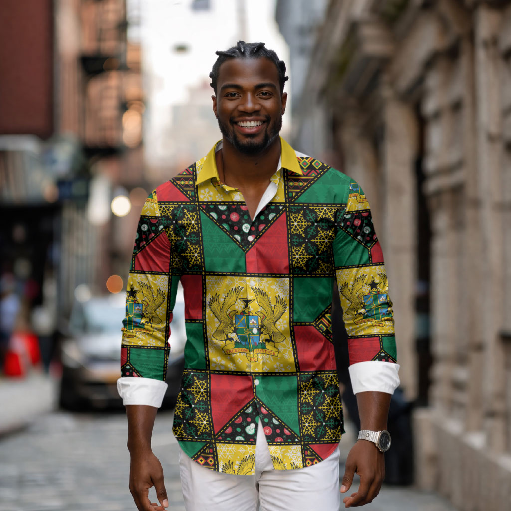 Ghana Christmas Long Sleeve Button Shirt Patchwork Style