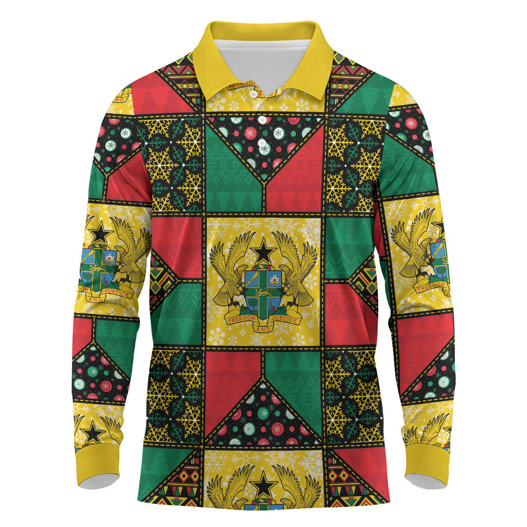 Ghana Christmas Long Sleeve Polo Shirt Patchwork Style