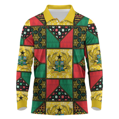 Ghana Christmas Long Sleeve Polo Shirt Patchwork Style