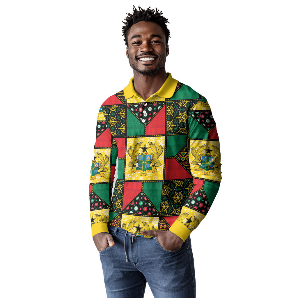 Ghana Christmas Long Sleeve Polo Shirt Patchwork Style